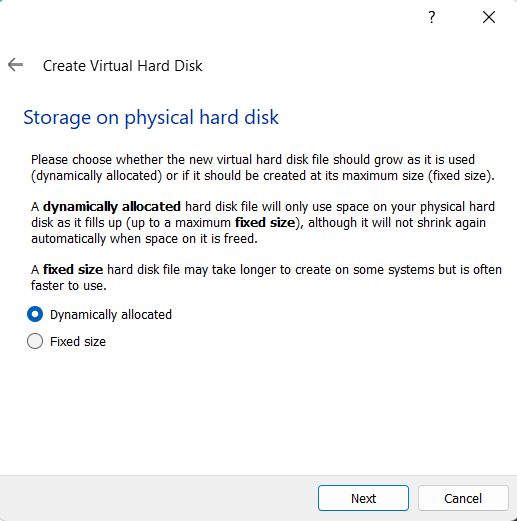 VirtualBox Choose virtual hard disk dynamics